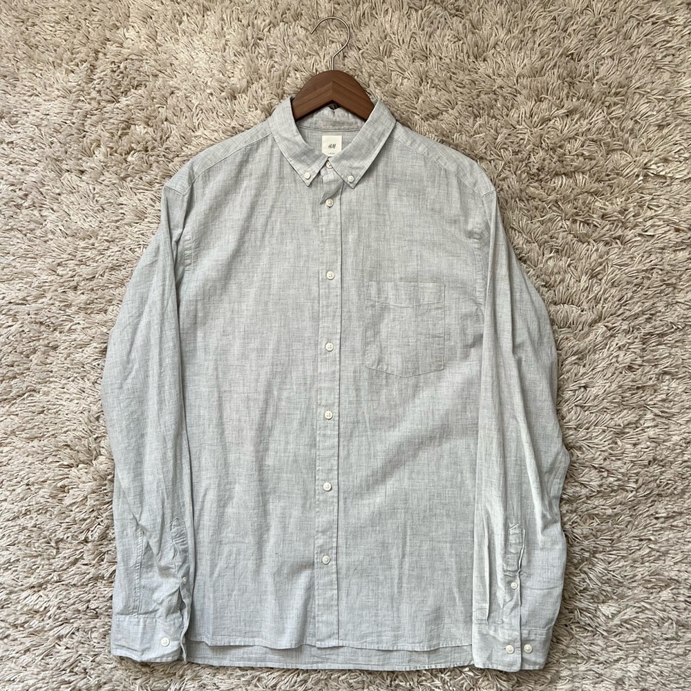 Mens H&M Regular Cotton Fit Shirt Large Light Gray Melange